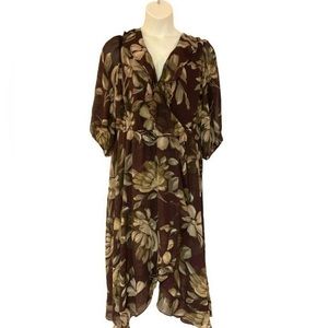 size 22W Gabby Skye Chiffon Wrap Plum Taupe Floral Puff Sleeve Midi Dress